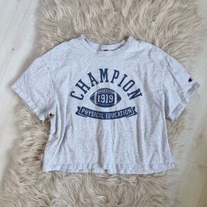 Champion 100% Cotton Women's Heather Gray Tee with Navy Logo